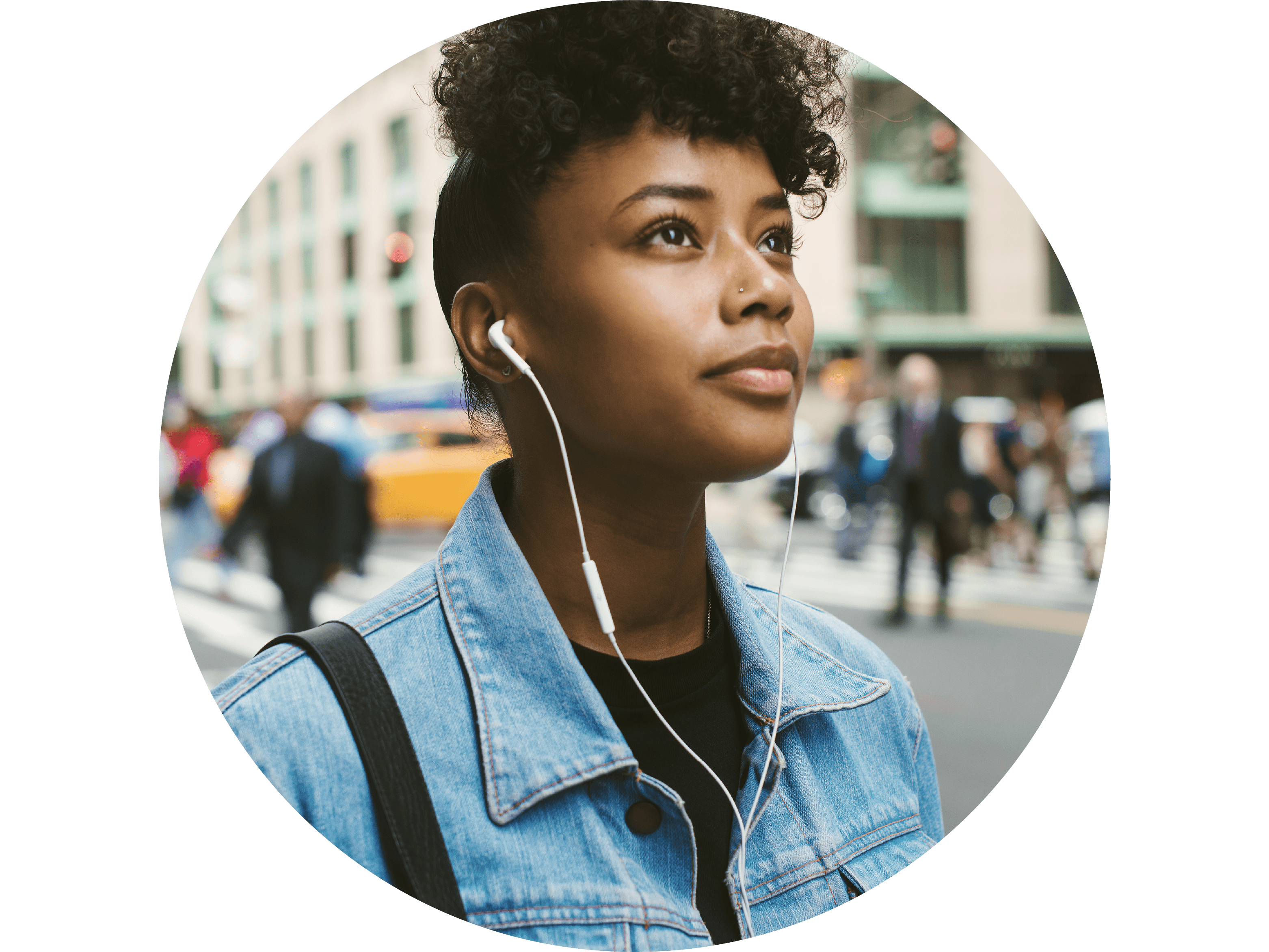 Generic BlackGirlWithHeadphonesOnCityStreet Circle Generic BlackGirlWithHeadphonesOnCityStreet Circle